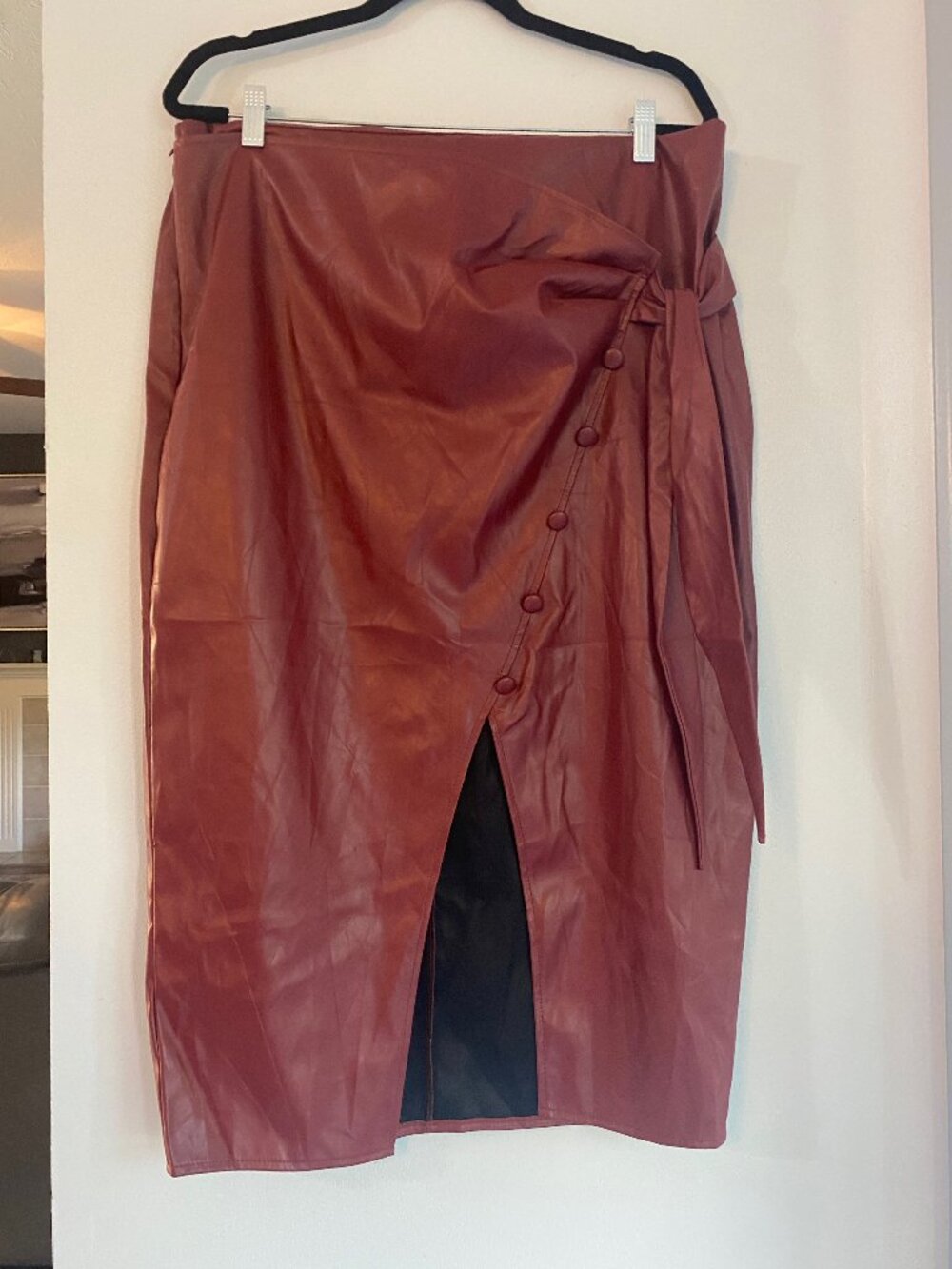 Faux Leather Wrap Midi Skirt